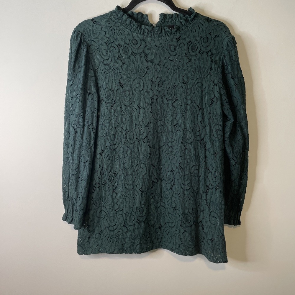 A Diva Blouse Top Women M Dark Green Lace Long Sleeve High Neck Boho